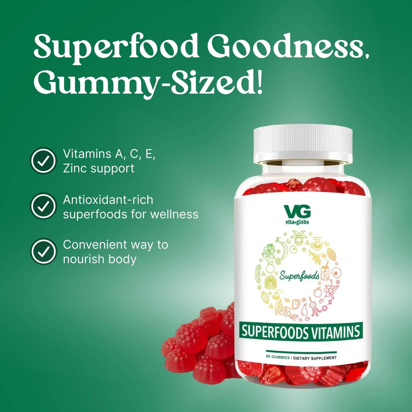 VITA GLOBE Superfood Gummy Vitamins – Immune Health & Antioxidant Support – Daily Wellness Gummies for Adults & Kids – Vegan VITA GLOBE