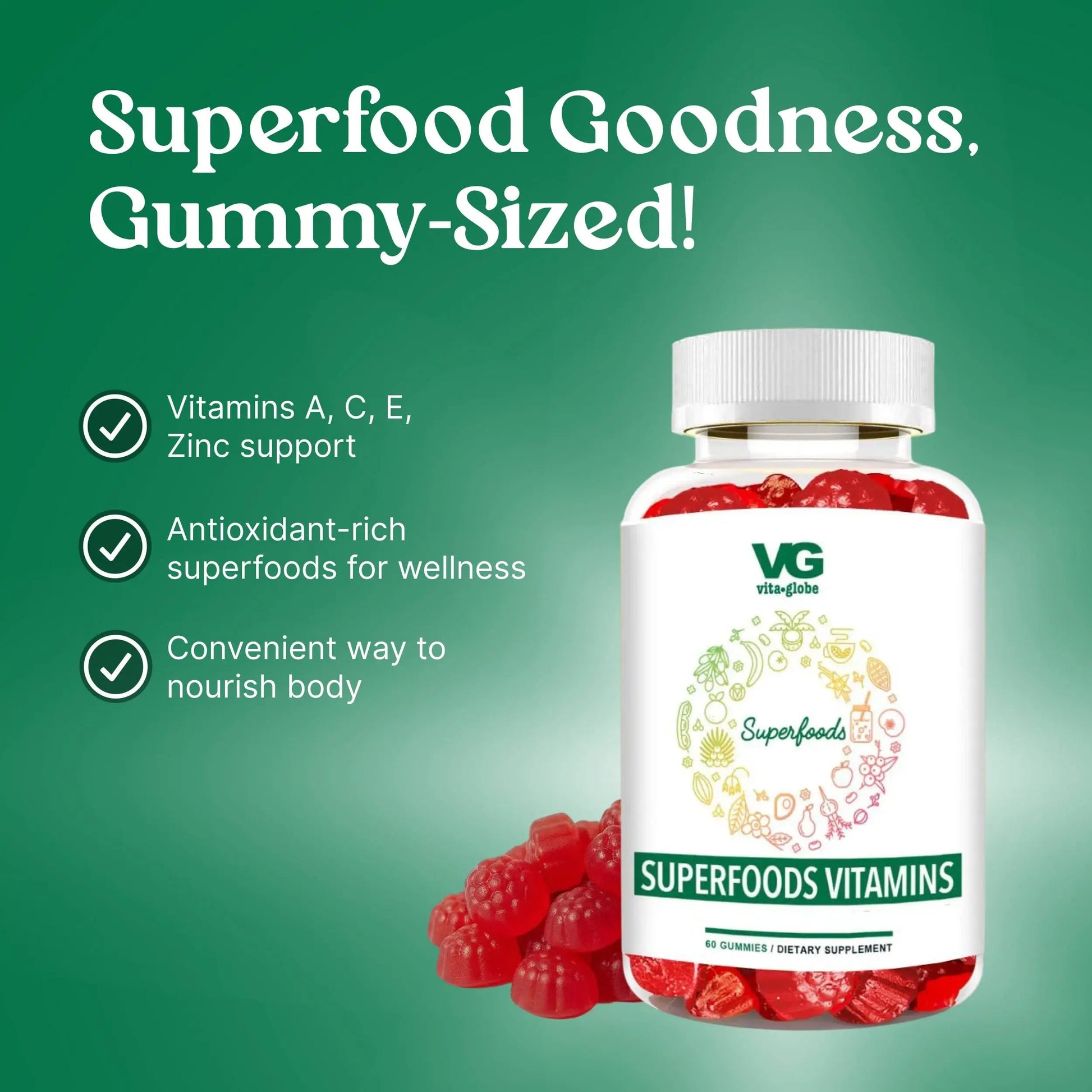 VITA GLOBE Superfood Gummy Vitamins – Immune Health & Antioxidant Support – Daily Wellness Gummies for Adults & Kids – Vegan VITA GLOBE