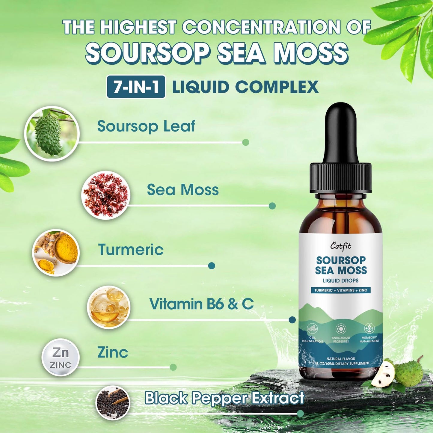 Catfit Soursop Graviola Liquid Drop – Soursop Drops for Cell Support, Antioxidant, Relaxation & Immune Boost with Sea Moss, Turmeric, Black Pepper, B6 C, Zinc, Sugar Free, Gluten Free, Vegan, 2 Fl Oz CatfitBuy Supplements Australia