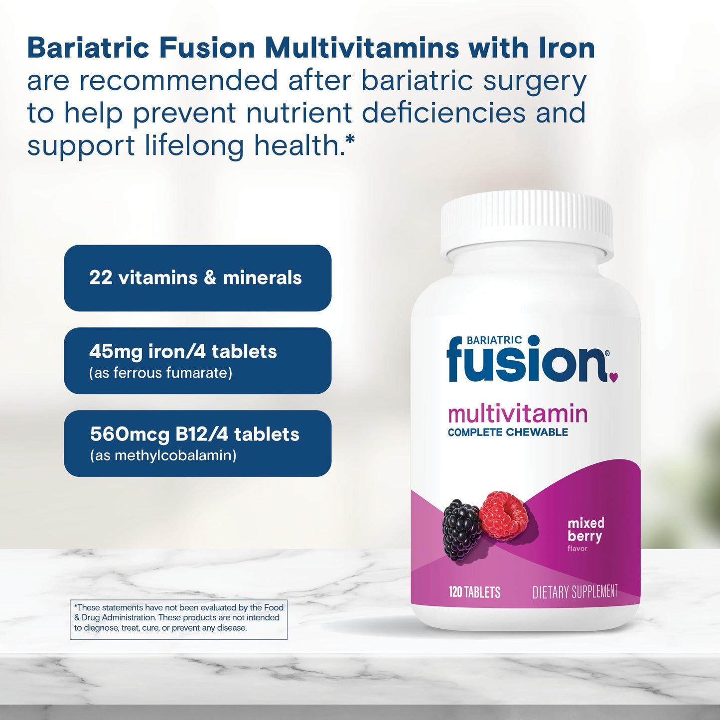 Bariatric Fusion Bariatric Multivitamin with Iron Complete Chewable | Mixed Berry | Post Bariatric Vitamins for Gastric Bypass