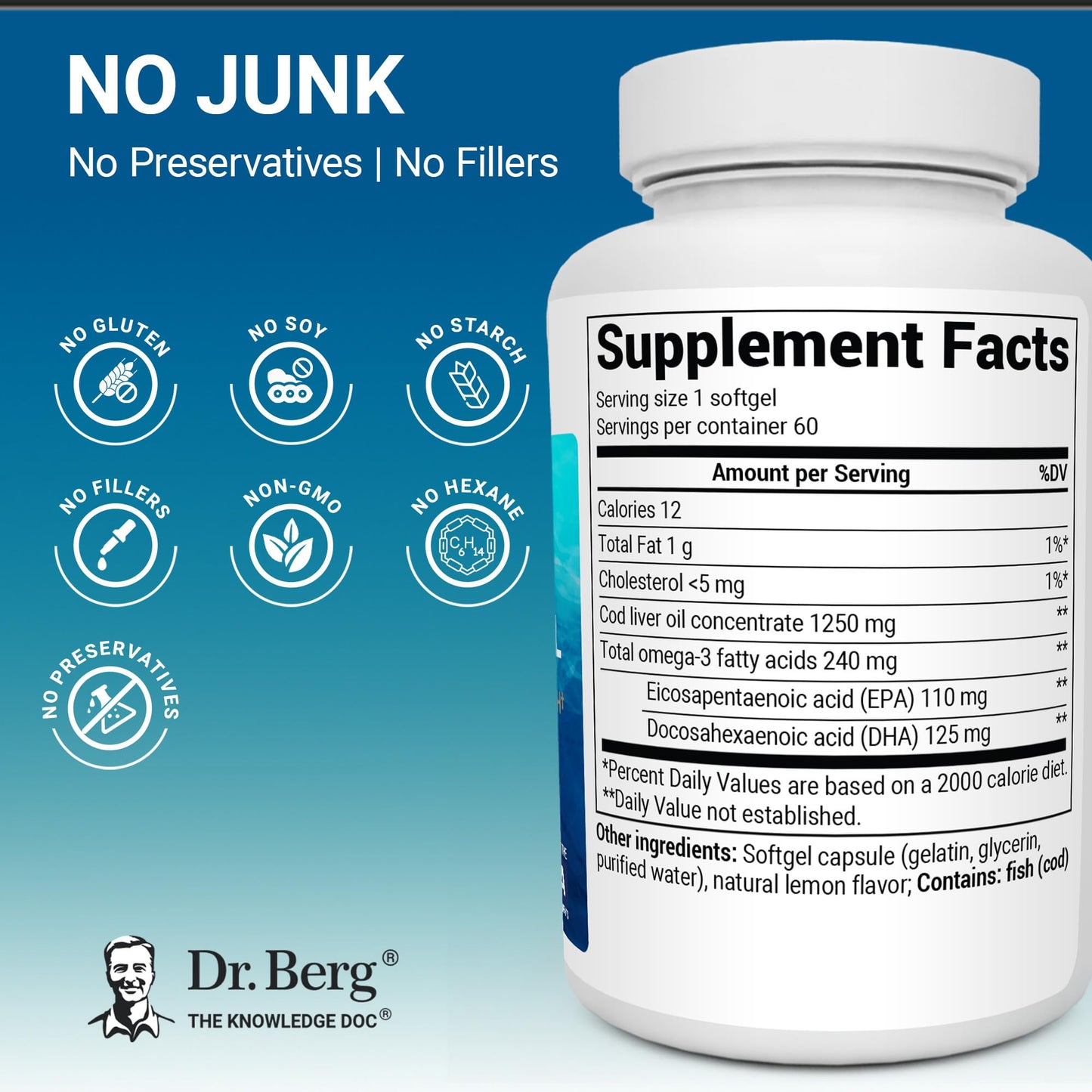 Dr. Berg Omega-3 Cod Liver Fish Oil 60 Softgels – Wild-Caught Icelandic Cod – Omega 3 EPA & DHA – Heart, Brain, Immune & Eye Support* – Lemon Flavor – 4X Lab-Tested – Non-GMO, No Fillers Dr. Berg NutritionalsBuy Supplements Australia