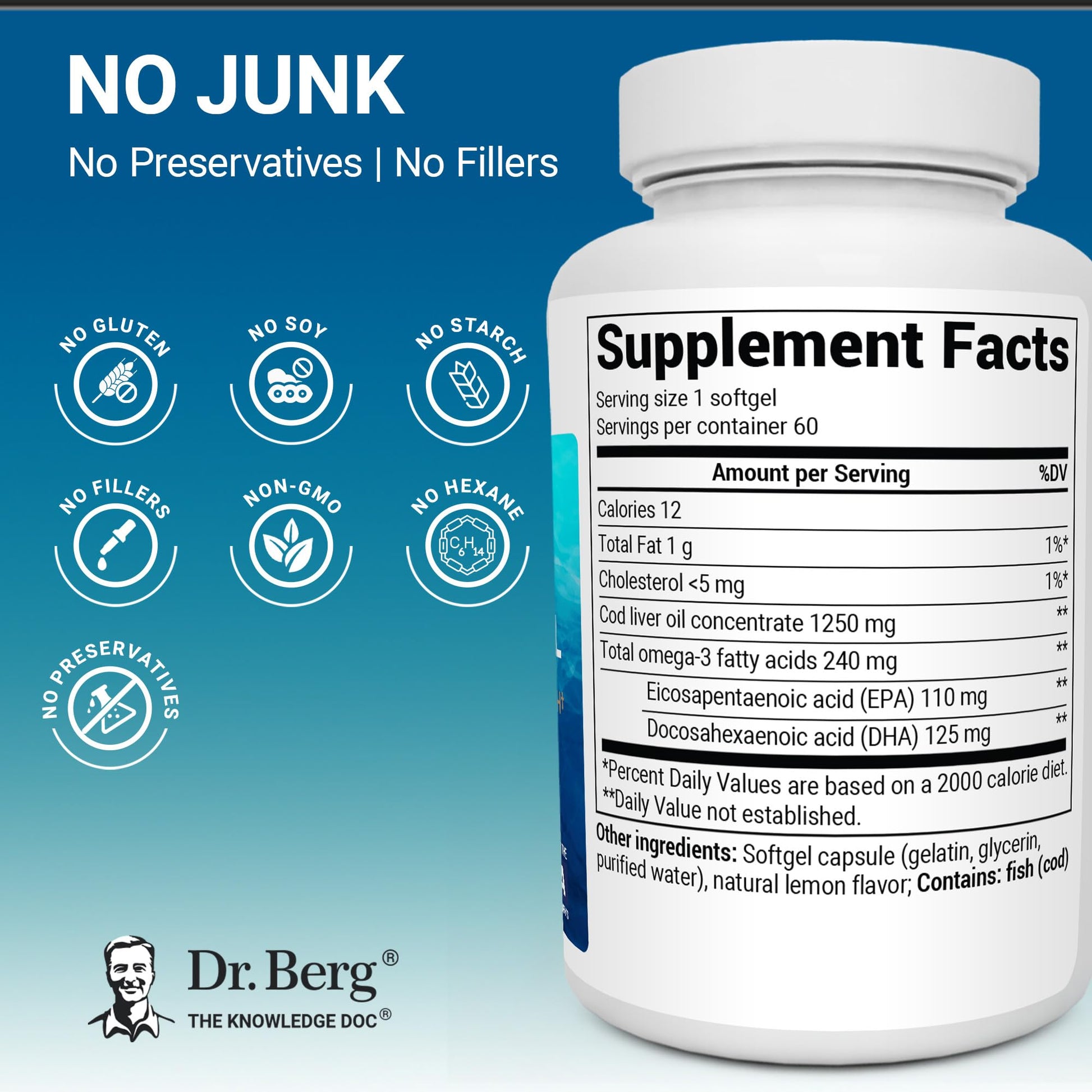Dr. Berg Omega-3 Cod Liver Fish Oil 60 Softgels – Wild-Caught Icelandic Cod – Omega 3 EPA & DHA – Heart, Brain, Immune & Eye Support* – Lemon Flavor – 4X Lab-Tested – Non-GMO, No Fillers Dr. Berg NutritionalsBuy Supplements Australia
