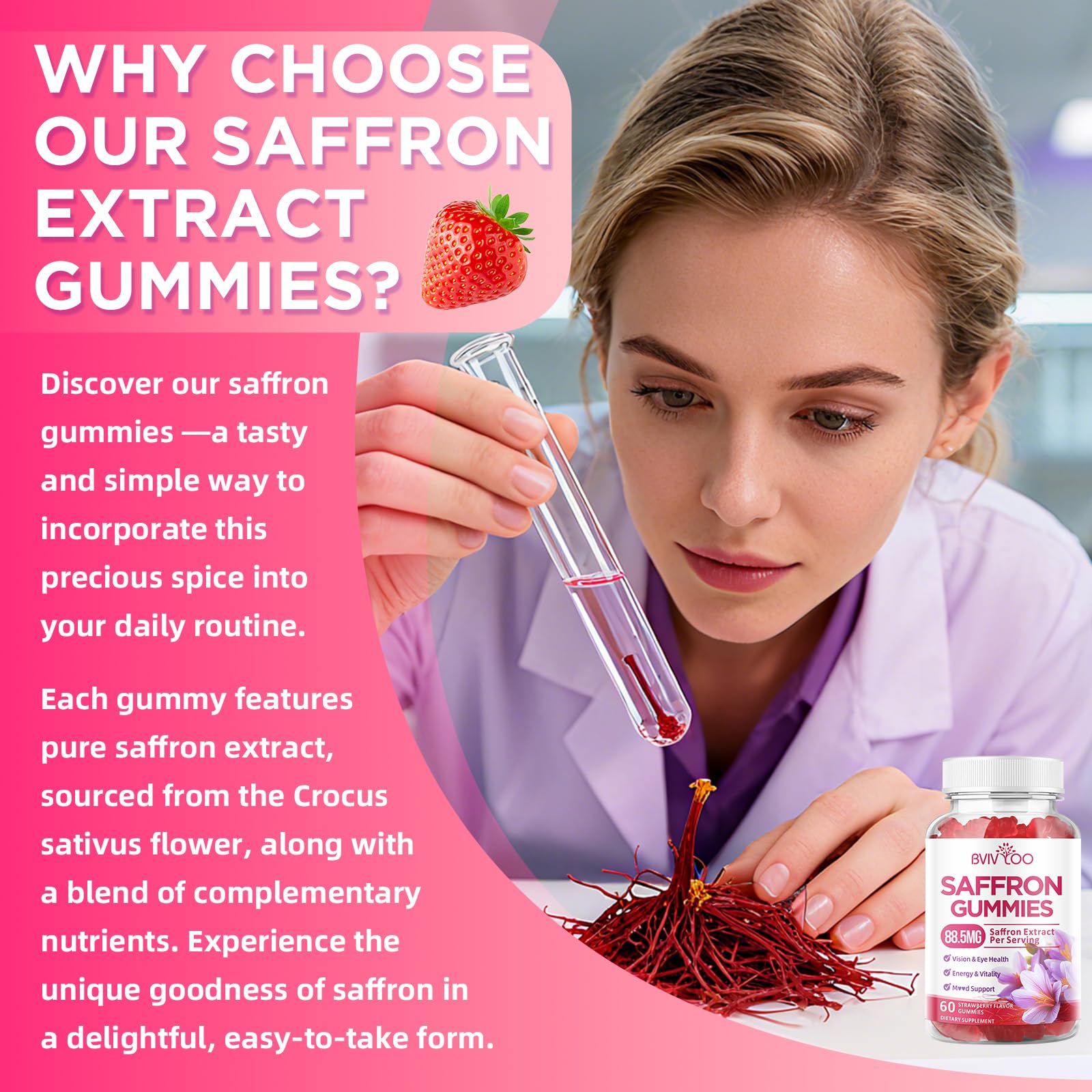 Saffron Gummies for Adult Kids, 10-IN-1 Formula with Saffron 88.5mg, Vitamins D3 & B6, Magnesium, Zinc, Ashwagandha, L-Theanine, St. John's Wort - Supports Mood & Focus, Strawberry Flavor, 60 Count BVIVLOOBuy Supplements Australia