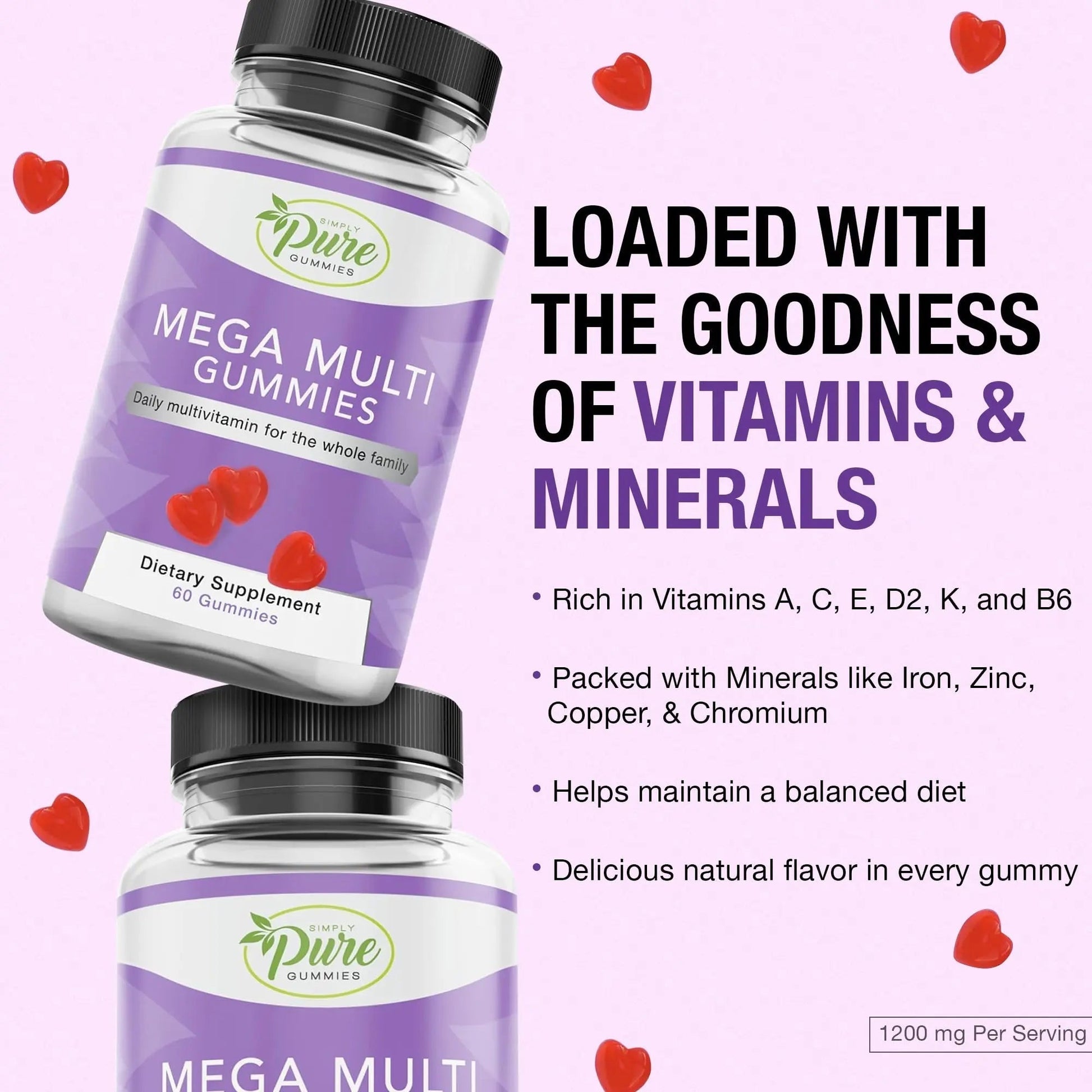 Pure By Nature Mega Multi Gummies, Multivitamin Gummies for Women & Men, Kids Multivitamin Gummies with A, D2, C, E, K, Biotin Pure By Nature