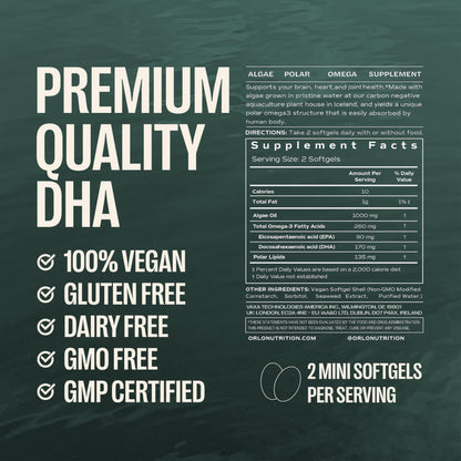 Orlo DHA Supplement 1000mg - 3X Absorption Natural Icelandic Nordic Omega 3 DHA & EPA for Brain & Eye Support – Vegan Fish Oil Alternative, No Fishy Aftertaste, 60 Easy-to-Swallow Mini Softgels OrloBuy Supplements Australia