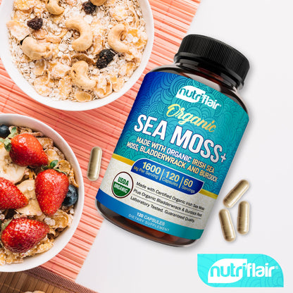 NutriFlair Organic Sea Moss 1600mg, 120 Capsules Plus Bladderwrack & Burdock - Prebiotic Super Food - Immune System & Digestive Health - Thyroid, Healthy Skin, Keto Detox, Gut NutriFlairBuy Supplements Australia