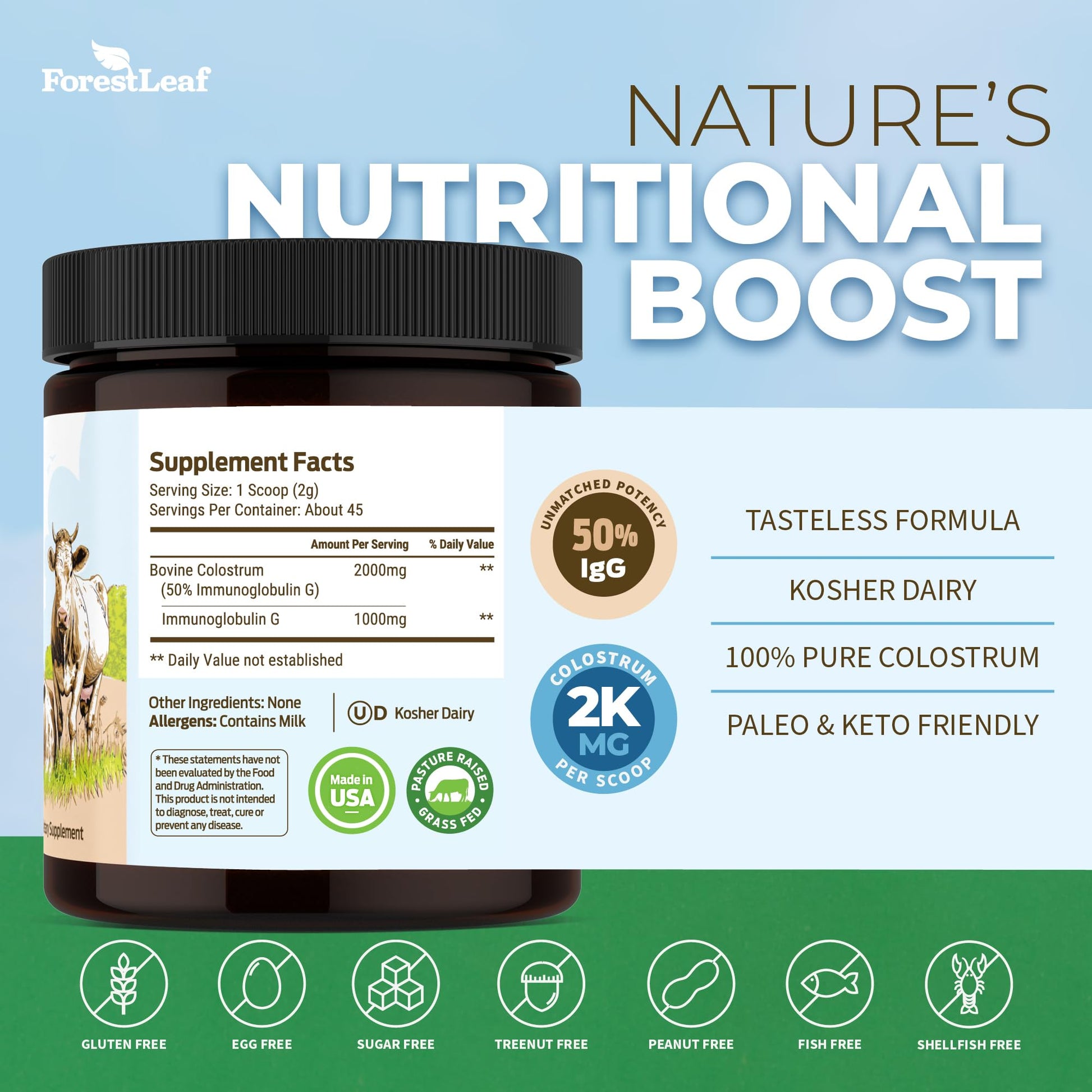 ForestLeaf Colostrum Powder 50% IgG Highest Pure Concentration, Grass Fed Colostrum Supplement for Gut Health, Immune Support and Muscle Recovery, Bovine Colostrum for Humans, Unflavored, 45 Servings ForestLeafBuy Supplements Australia