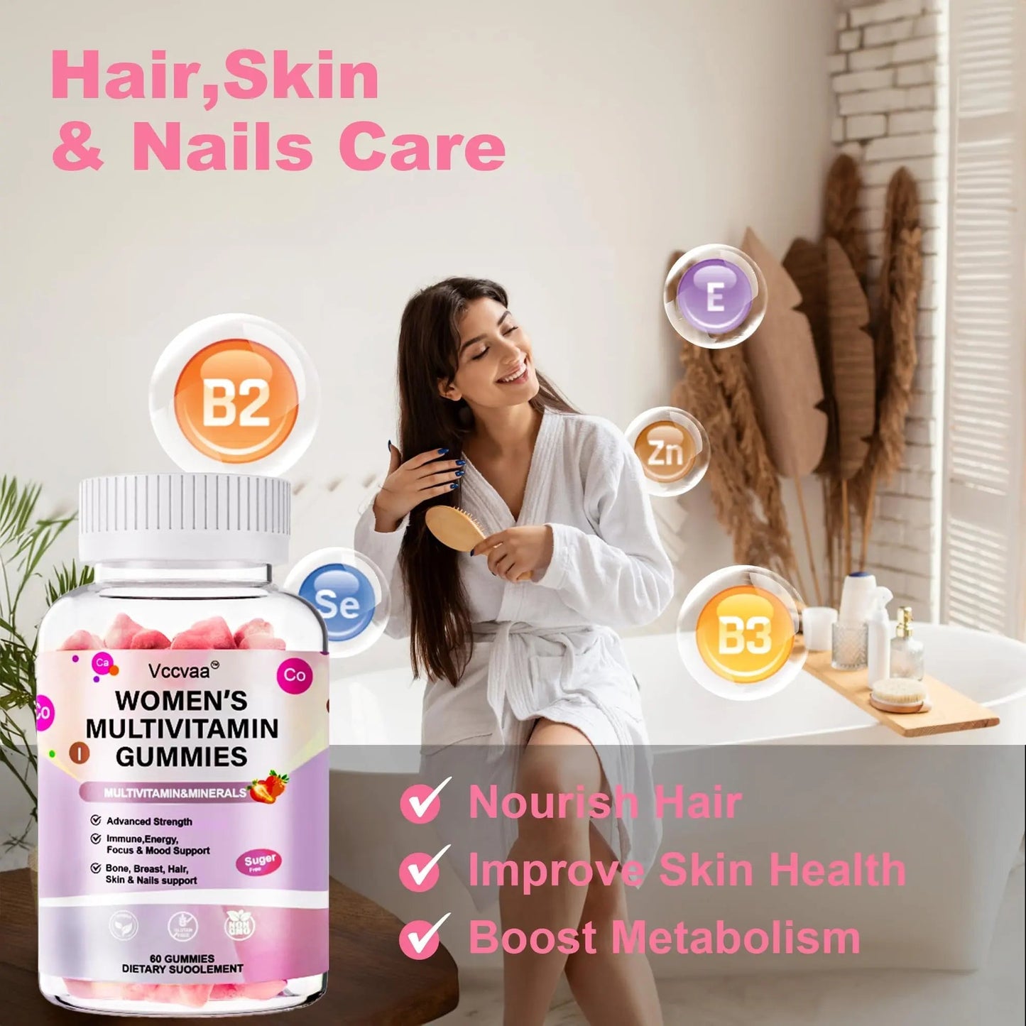 Vccvaa Sugar Free Multivitamin Gummies for Women 14+ with Iron, Inositol, Folate, Vitamins A C D3 E B12 K2, Herbal & Mineral Blend VccvaaBuy Supplements Australia