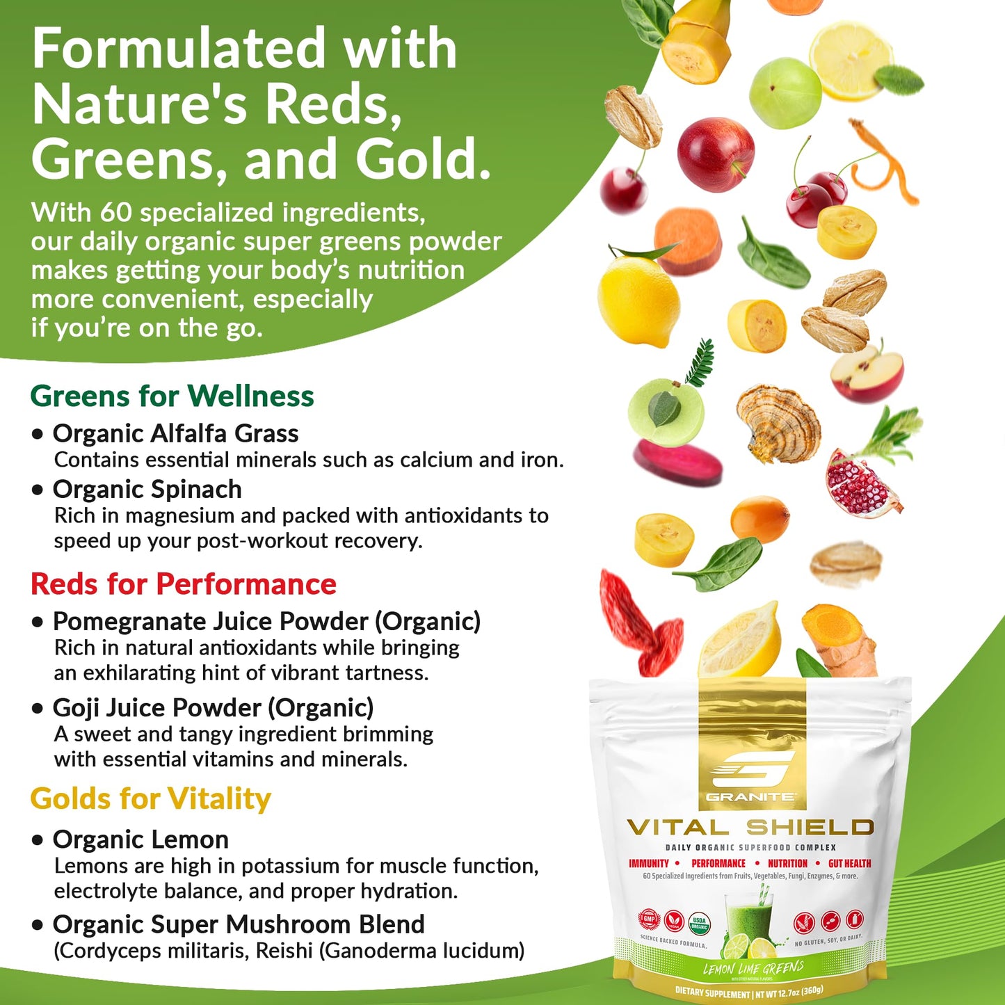 Granite Nutrition Vital Shield - USDA Organic Superfood Greens with Mushrooms & Tart Cherry – Supports Energy, Immune Function & Digestive Health – Lemon Lime Flavor (30 Servings) Granite SupplementsBuy Supplements Australia