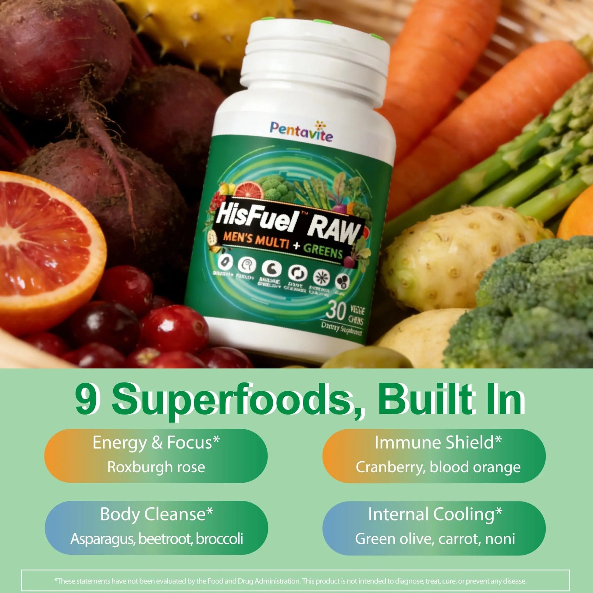 Pentavite HisFuel Multivitamin for Men, 20-in-1 Mens Vitamins with Natrual Fruits & Veggies, Vitamins & Minerals, Taurine, Boost Energy & Health Pentavite