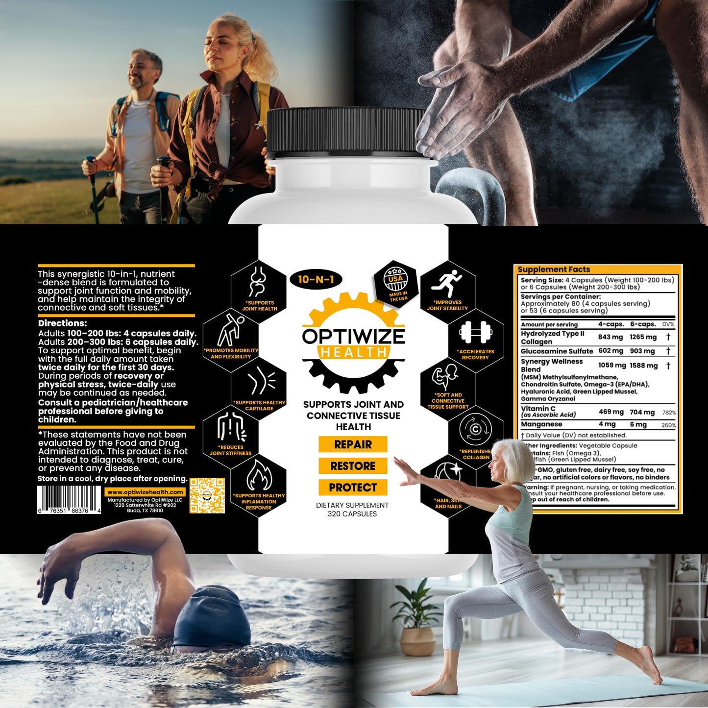 OptiWize 10-N-1 Joint Support Hydrolyzed Collagen,MSM, Hyaluronic Acid, Glucosamine,Chondroitin & More- Targets Joint Discomfort,