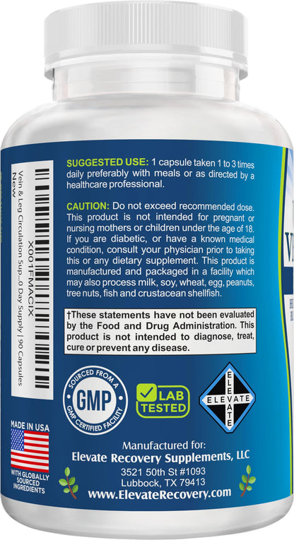 8-in-1 Vein & Leg Health Circulation Support Supplements | Leg + Vein Formula | Circulatory Support Supplement | 1-Month Supply | 90 Capsules Elevate Recovery SupplementsBuy Supplements Australia