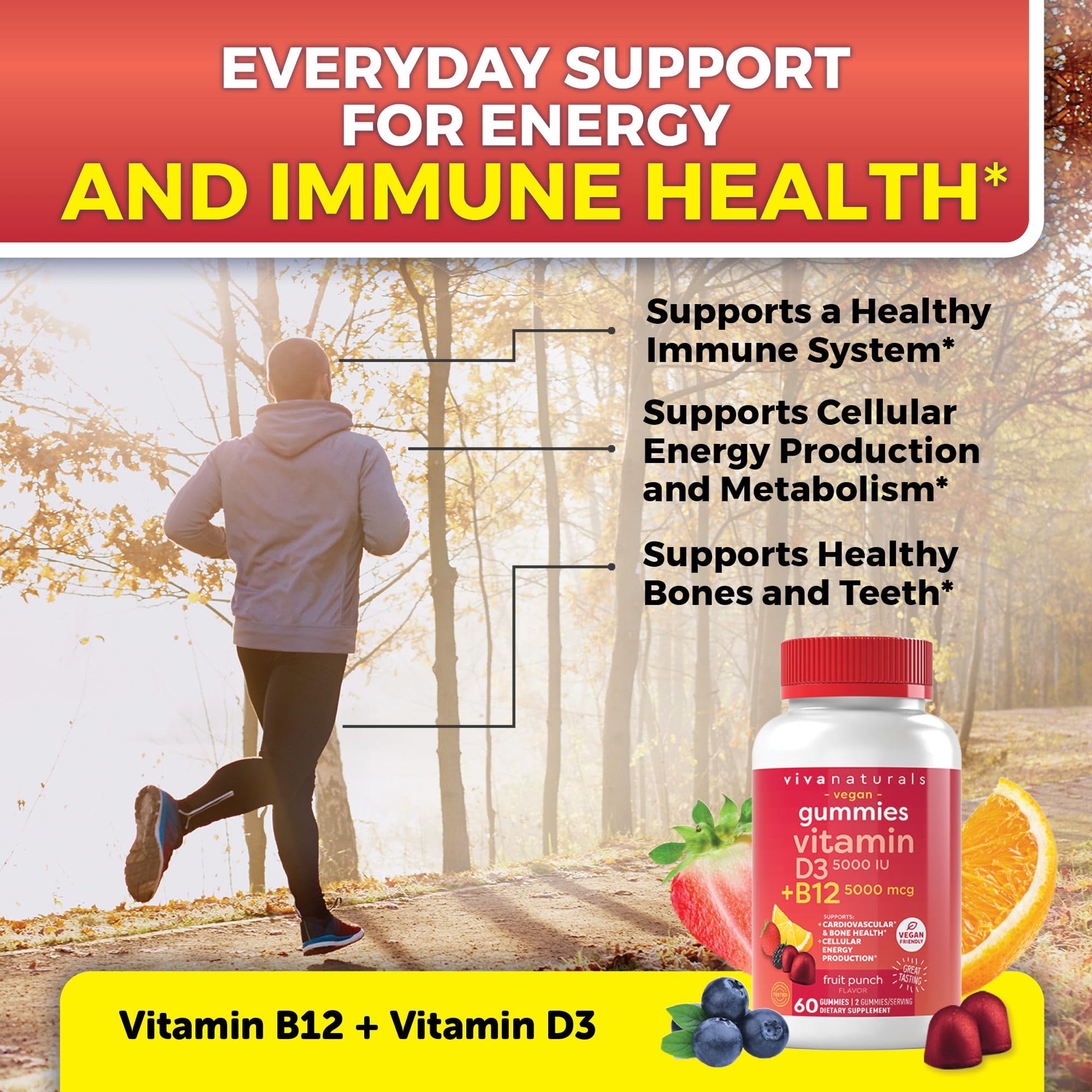 Viva Naturals Plant-Based B12 Gummies with Vitamin D3 - Chewable 5000mcg B12 Viva NaturalsBuy Supplements Australia