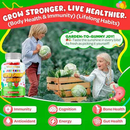 FourRoar Vital Prime Super Green Gummies for Kids 90 Count Strawberry & Watermelon Flavor | Fruit and Vegetable Gummies | Vegan Veggies Gummy Multivitamin for Kids FourRoarBuy Supplements Australia