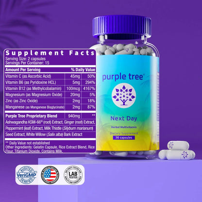 purple tree Next Day – Post-Drink Morning Wellness Supplement for Balance, Restore & Replenishment | Ashwagandha KSM-66, Milk Thistle, Ginger purple treeBuy Supplements Australia