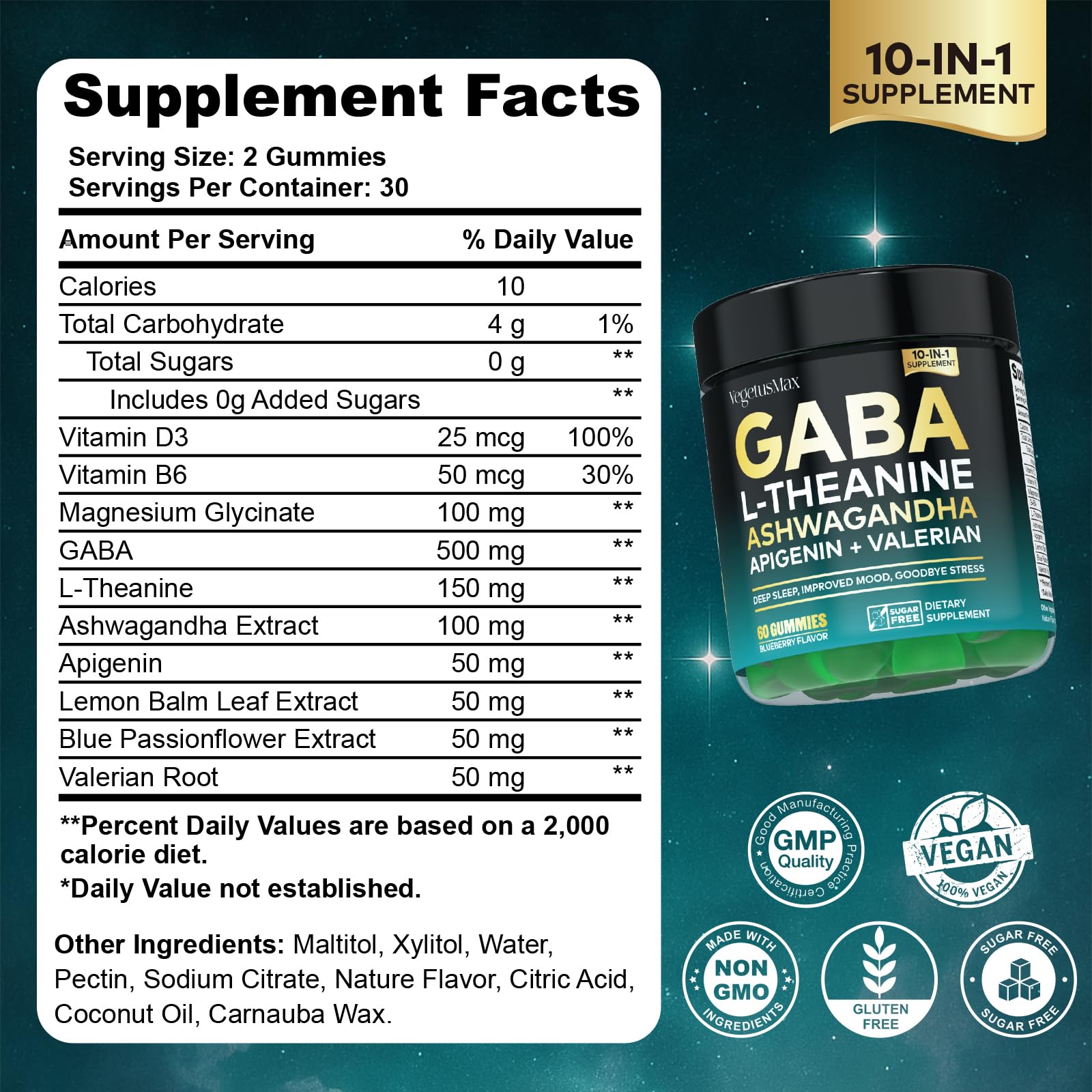 GABA L-Theanine Gummies, Sugar-Free Calm Gummies with L-Theanine, Ashwagandha,Valerian Root,Magnesium | Support Sleep,Stress Relief & Relaxation | GABA Supplement for Adult- Blueberry Flavor VEGETUSMAXBuy Supplements Australia