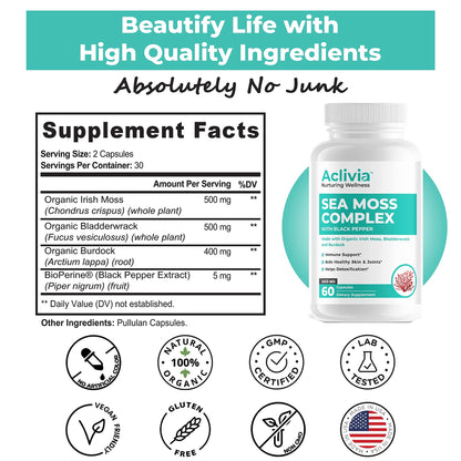 Aclivia - Organic Irish Sea Moss Capsules with Bladderwrack & Burdock Root - 102 Minerals Sea Moss Supplement - Thyroid Support, Immune Boost - Non-GMO (60 Count) AcliviaBuy Supplements Australia