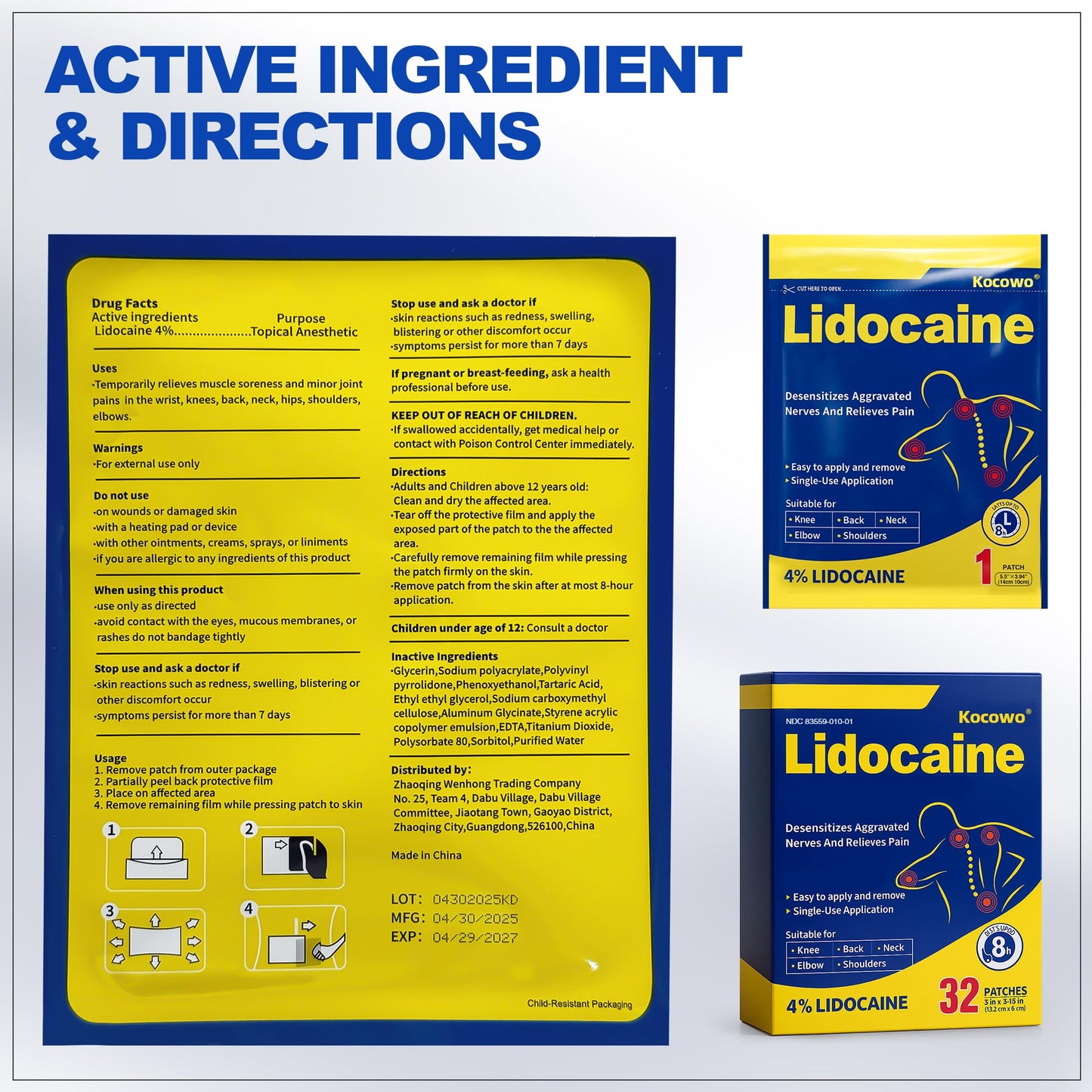 Kocowo 4% Lidocaine Maximum Strength Pain Relief Gel Patches with Auxiliary Patches for Neck Back Knee Joint Ache Muscle Soreness, 3.9” x 5.5”, 32-Count Box, NDC：83559-010-01 KocowoBuy Supplements Australia