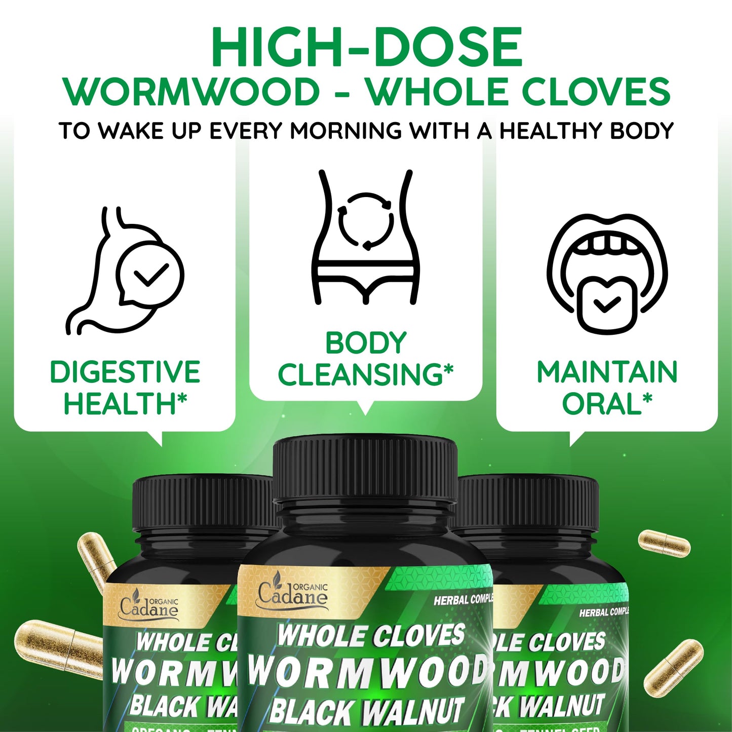 Cadane Wormwood Whole Cloves Black Walnut with Ginger, Garlic, Oregano, Fennel & Black Pepper | Digestive & Wellness Support | 120 Capsules – 60-Day Organic CadaneBuy Supplements Australia