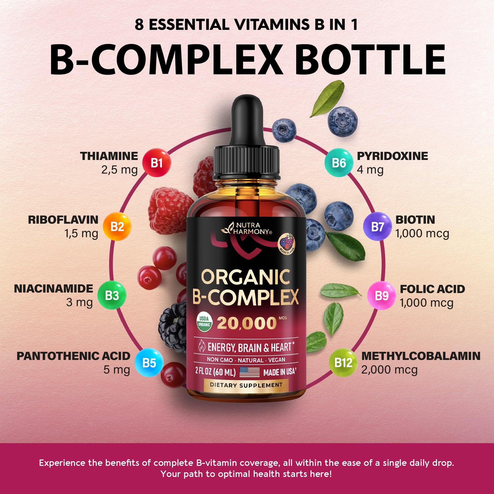 USDA Organic Vitamin B Complex Liquid Drops - 8-in-1 B Complex Vitamins: B1, B2, B3, B5 NUTRAHARMONYBuy Supplements Australia