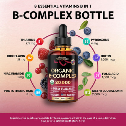 USDA Organic Vitamin B Complex Liquid Drops - 8-in-1 B Complex Vitamins: B1, B2, B3, B5 NUTRAHARMONYBuy Supplements Australia