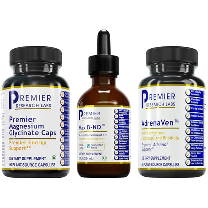 Premier Research Labs Magnesium Glycinate, Max BN-D, & AdrenaVen Supplement Bundle - Pure Magnesium, Liquid Vitamin B Complex for Liver & Brain Health, Adrenal Support for Women & Men - Pack of 3 Premier Research LabsBuy Supplements Australia
