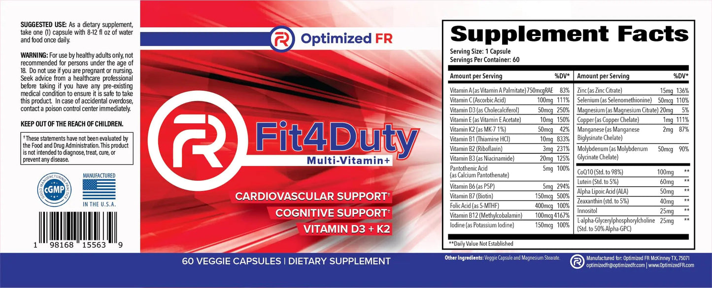 Fit4Duty Multivitamin+ for First Responders, One a Day Multivitamin Plus Other nutrients, 60 Servings, 2 Month Supply Optimized FRBuy Supplements Australia