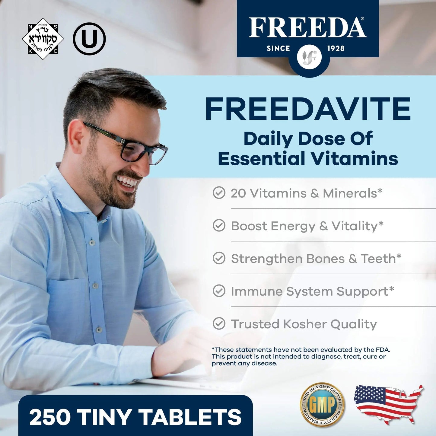Freedavite Tiny Tablet - Moderate Multivitamin for Men and Women - Pure Vitamin A, C, D, E, B1, B2, B6, B12, Biotin, Calcium, Zinc, Iron, Magnesium FREEDA