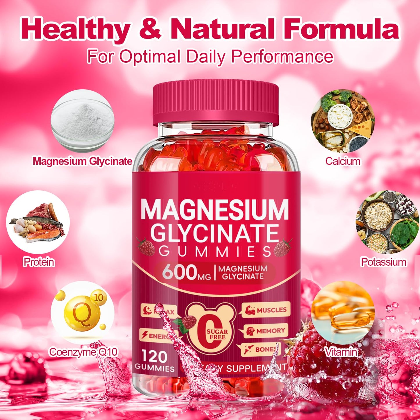 Magnesium Glycinate Gummies 600mg, Sugar Free Magnesium Gummies for Adults, Chewable Potassium Supplements for Body Support