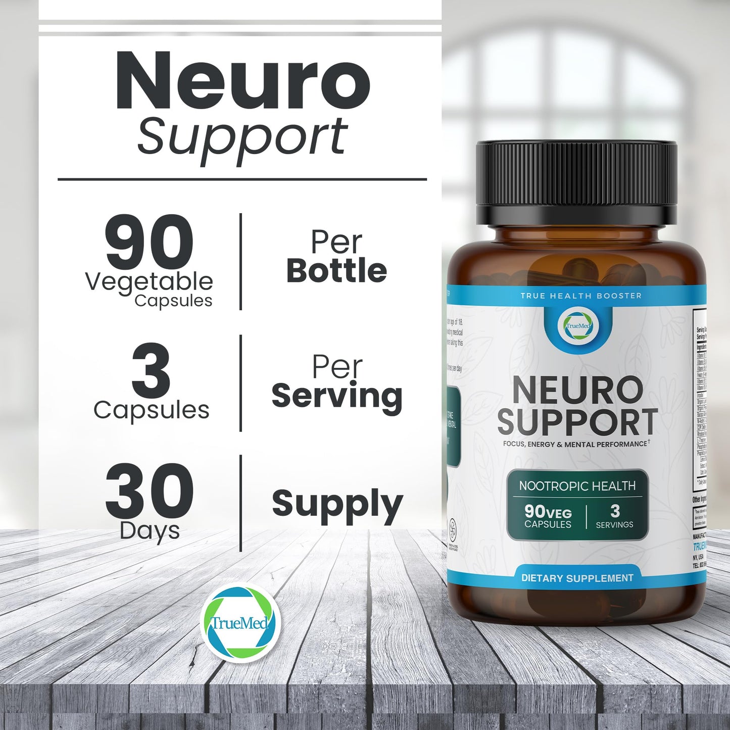 TrueMed Neuro Support - Premium Nootropic Supplement for Focus, Energy, Mental Clarity, and Performance Organic Lion’s Mane, Bacopa Monnieri, Rhodiola, Non-GMO Gluten-Free CDP Choline 90 Veg Capsules TRUEMEDBuy Supplements Australia