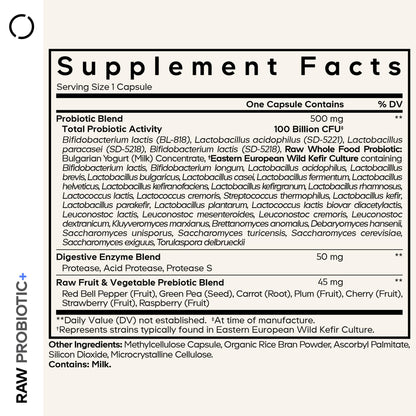 Codeage Raw Probiotic+ Supplement - 34 Probiotic Strains, 100 Billion CFUs, Raw Whole Food Probiotics, Digestive Enzymes, Raw Fruits & Veggies Prebiotics - Wild Kefir Culture - Non-GMO - 30 Capsules CodeageBuy Supplements Australia