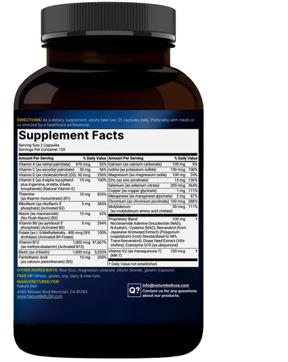 Methylated Multivitamin, 240 Capsules | Highly Bioavailable – 27 Advanced Nutrients – Vitamins A, C, D3, K2 + B Complex with Methylfolate, Methylcobalamin NatureBellBuy Supplements Australia