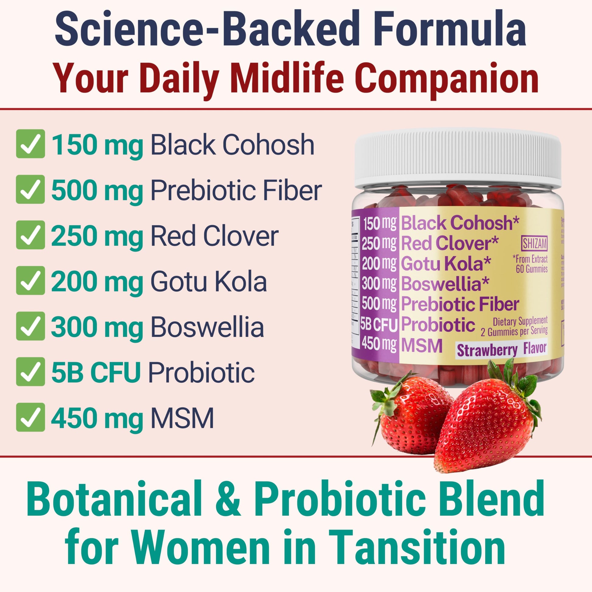 Boswellia Serrata Black Cohosh Gotu Kola Red Clover Extract Complex Gummies w. Probiotic Fiber (Chicory Root Inulin) MSM Methylsulfonylmethane, Supplement Alt for Organic Powder Capsules Tincture SHIZAMBuy Supplements Australia