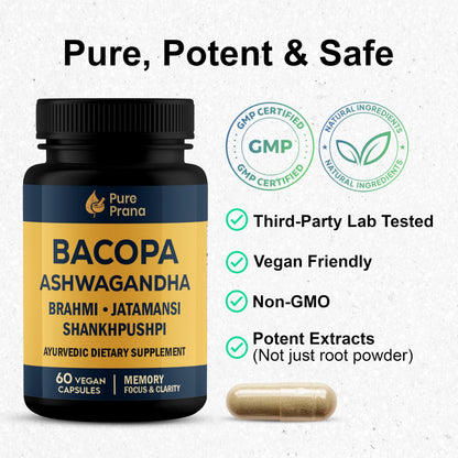 Pure Prana Ayurvedic Brain Supplement Capsules with Brahmi, Ashwagandha & Gotu Kola - Plant-Based Nootropic Cognitive Wellness Formula for Daily Focus - Vegan Clarity for Men Women - 60 Capsules Pure PranaBuy Supplements Australia
