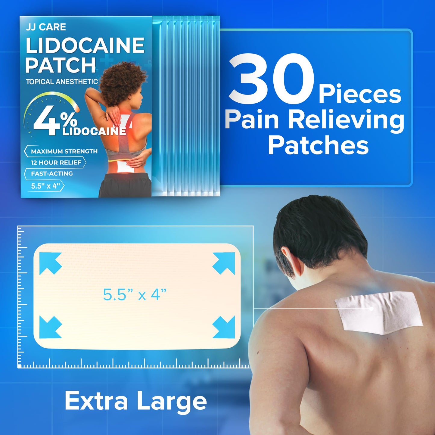JJ CARE Lidocaine Patches [Pack of 30], 4” x 5.5” Lidocaine 4% Maximum Strength Back Pain Relief Patches for Fast Numbing of Aches, Pains, Back, Neck, Shoulder, Muscle Soreness JJ CAREBuy Supplements Australia