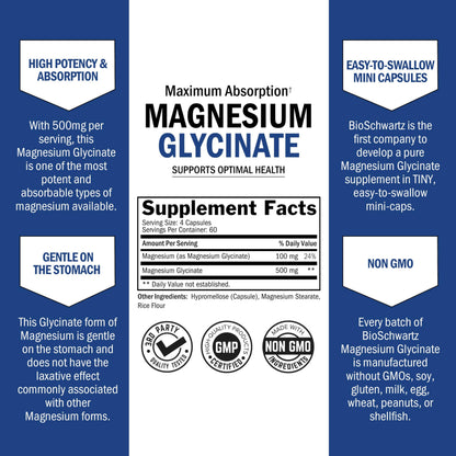 BioSchwartz Magnesium Glycinate 500mg Capsules (240 Mini Caps) Maximum Absorption Magnesium Supplement for Healthy Nerves Muscles Heart Mood and Sleep Support (Vegan, Gluten-Free, Non-GMO) BioSchwartzBuy Supplements Australia
