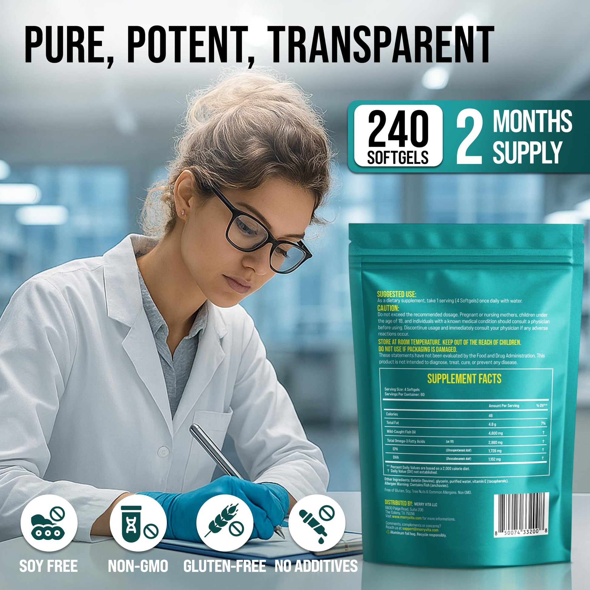 Omega 3 Fish Oil 4800 mg – EPA 1728 mg | DHA 1152 mg from Wild-Caught Anchovies – Burpless Mini Softgels – Pure Omega-3 Fatty Acid Supplement – Non-GMO, Gluten-Free, No Aftertaste – 240 Capsules MERRY VITABuy Supplements Australia