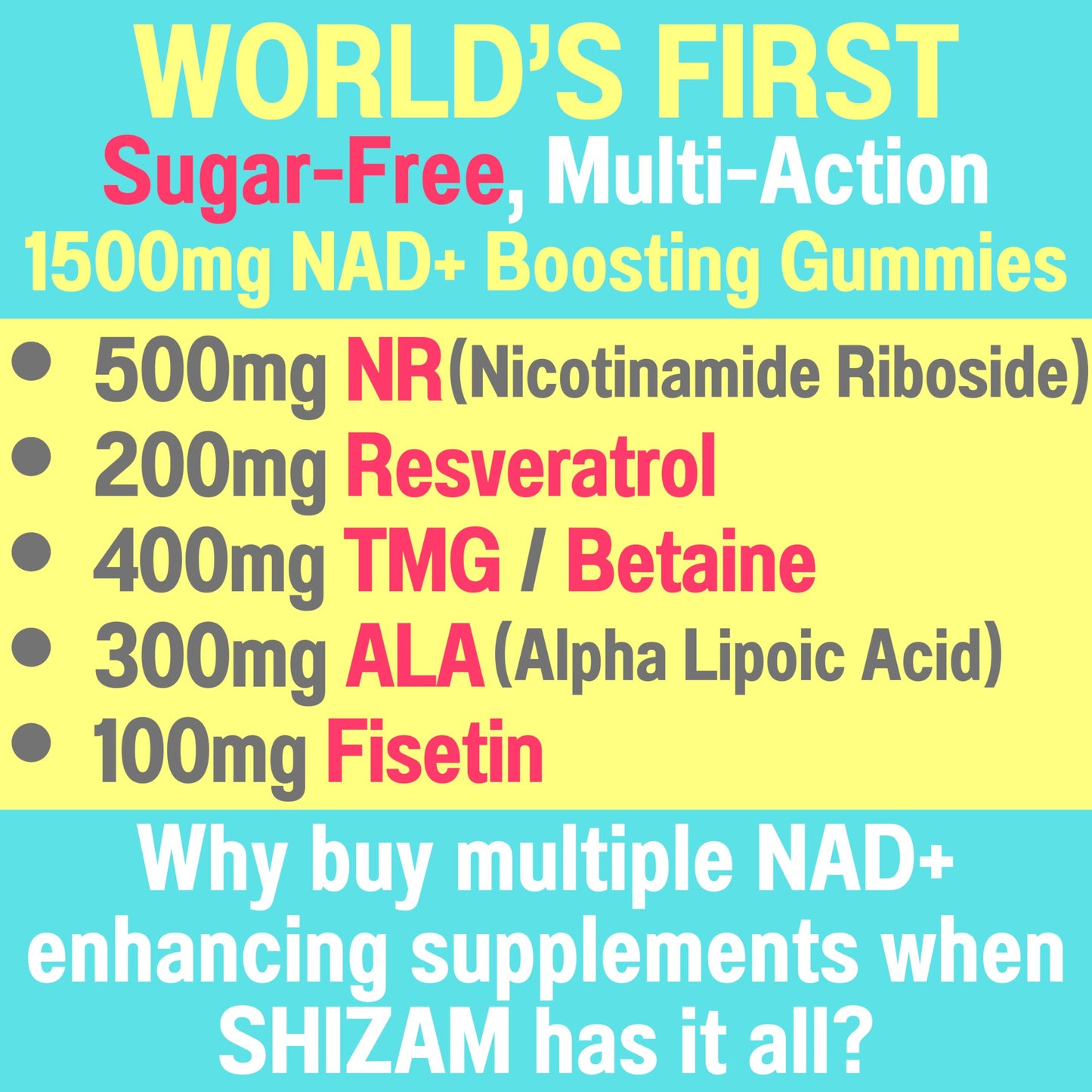 1500mg NAD+ Sugar Free Gummies | NAD + Plus NR TMG ALA Trans-Resveratrol Fisetin Supplements | Nicotinamide Riboside Trimethylglycine Alpha Lipoic Acid Betaine Pills Capsules Tincture Supplement Alt SHIZAMBuy Supplements Australia
