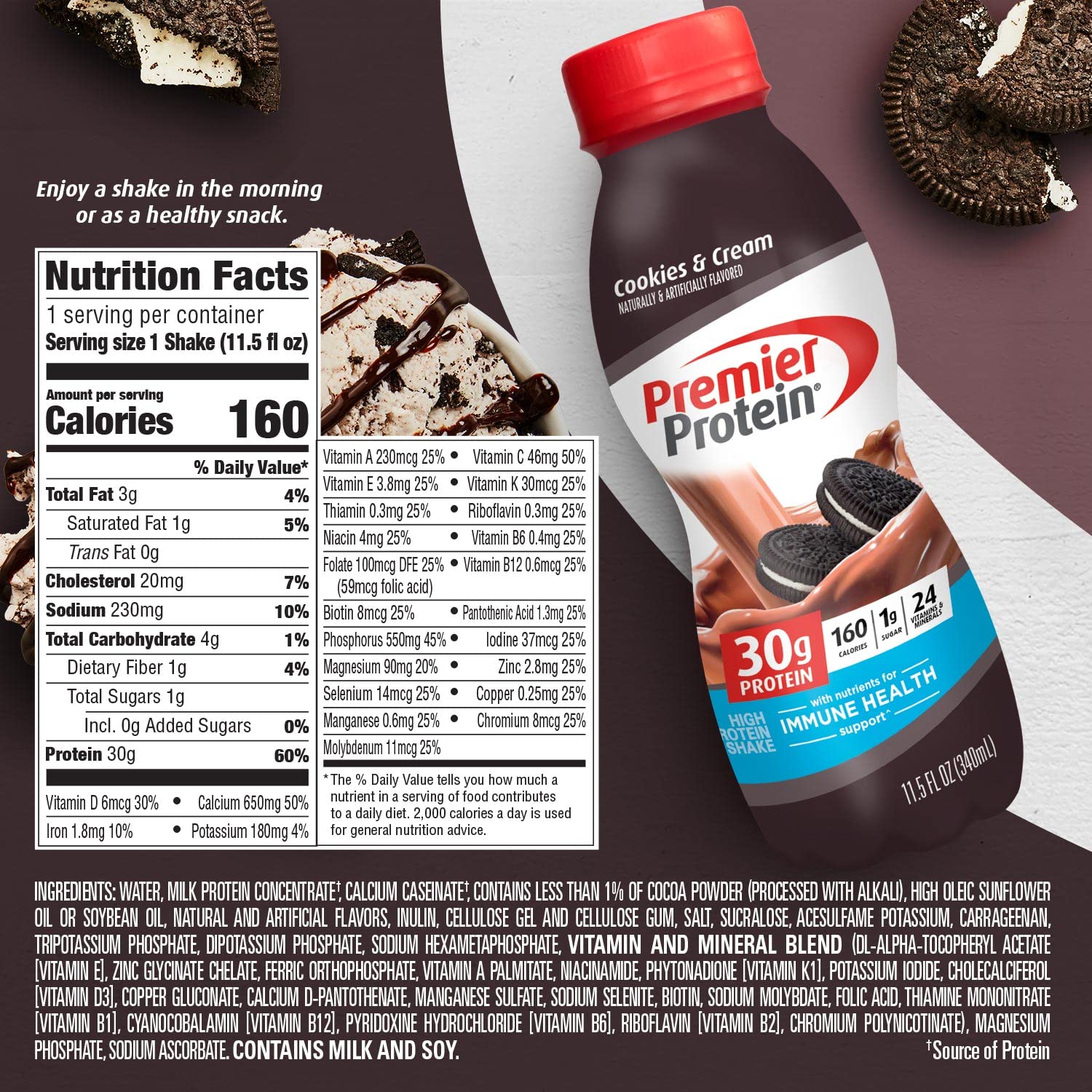 Premier Protein Shake, Cookies & Cream, 30g Protein, 1g Sugar, 24 Vitamins & Minerals Premier ProteinBuy Supplements Australia
