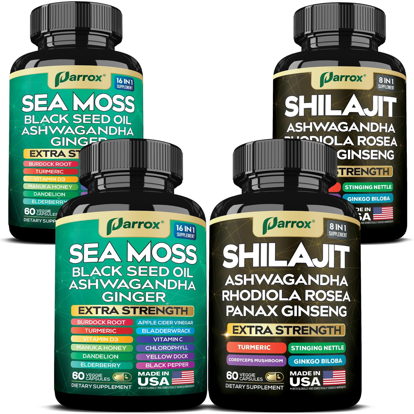 Parrox Shilajit and Sea Moss Bundle, Sea Moss 350mg, Black Seed Oil 200mg, Ashwagandha 100mg, Turmeric, Shilajit 300mg, Rhodiola Rosea 100mg, Panax Ginseng 50mg, Dynamic Vitality Bundle (2 Pack) ParroxBuy Supplements Australia