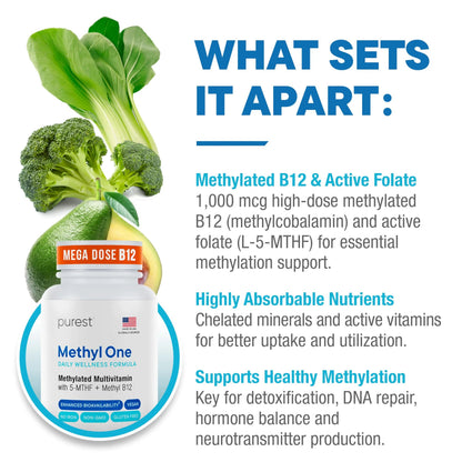 Purest® Methylated Multivitamin for Men & Women | Methylated B12 1000mcg, Biotin, B Complex with 600mcg Vitamin D, Vitamin C, E, A, Methylfolate | Super Natural Goods