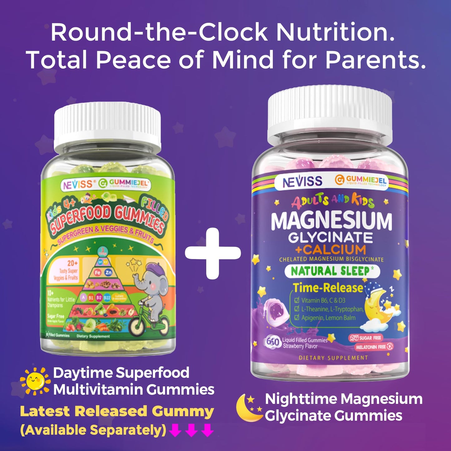 Neviss Magnesium Glycinate + Calcium Filled Gummies for Adults and Kids 4+, Kids Sleep Gummies Melatonin Free, Sugar Free Magnesium Supplement with B6 D3,