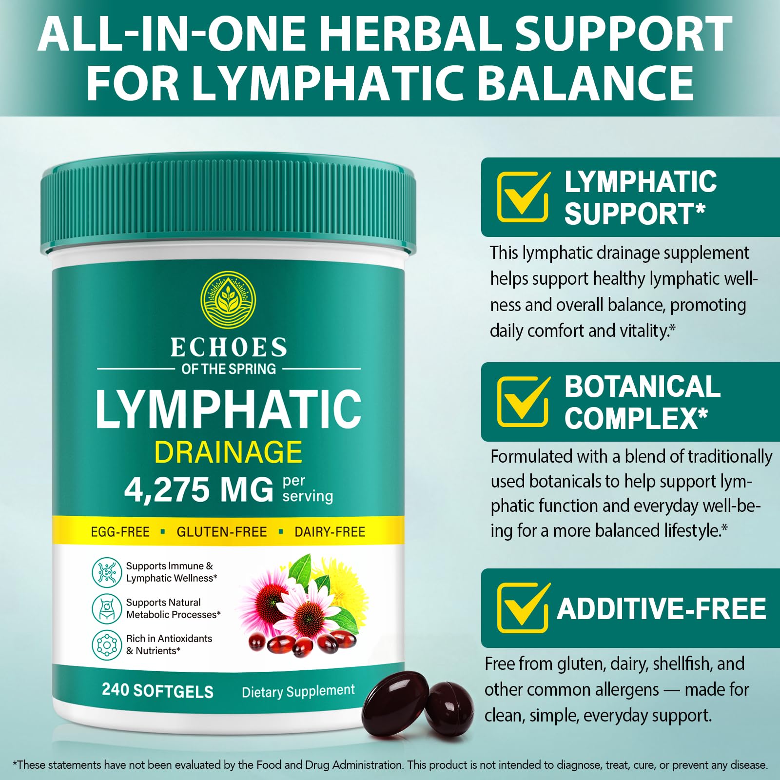 Lymphatic Drainage Supplements, 4275mg Lymph System Support Supplement for Women & Men, Daily Wellness Support, 21-in-1 Herbal Blend with Echinacea, Dandelion, Burdock, Turmeric & More, 240 Softgels Echoes of the springBuy Supplements Australia