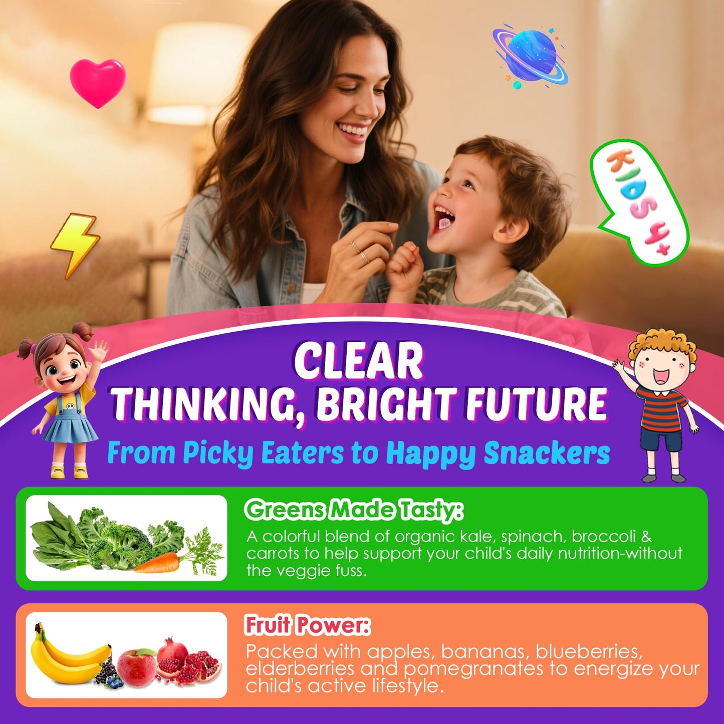 Kids Brain Gummies with Lion's Mane Mushroom, Methyl B6, B9, B12, Supper Greens, Lutein, Brain Booster Supplement for Focus & Attention, Cognitive Function, Vision & Energy, Sugar Free, Vegan 2 Pack NextdiaBuy Supplements Australia