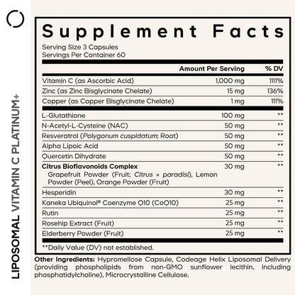 Codeage Liposomal Vitamin C+ Platinum - 1000 Mg Vitamin C Vitamins, Glutathione, NAC (N Acetyl Cysteine), Resveratrol, CoQ10, Rutin, Elderberry, Quercetin, Rosehip, Citrus Bioflavonoids - 180 Capsules CodeageBuy Supplements Australia