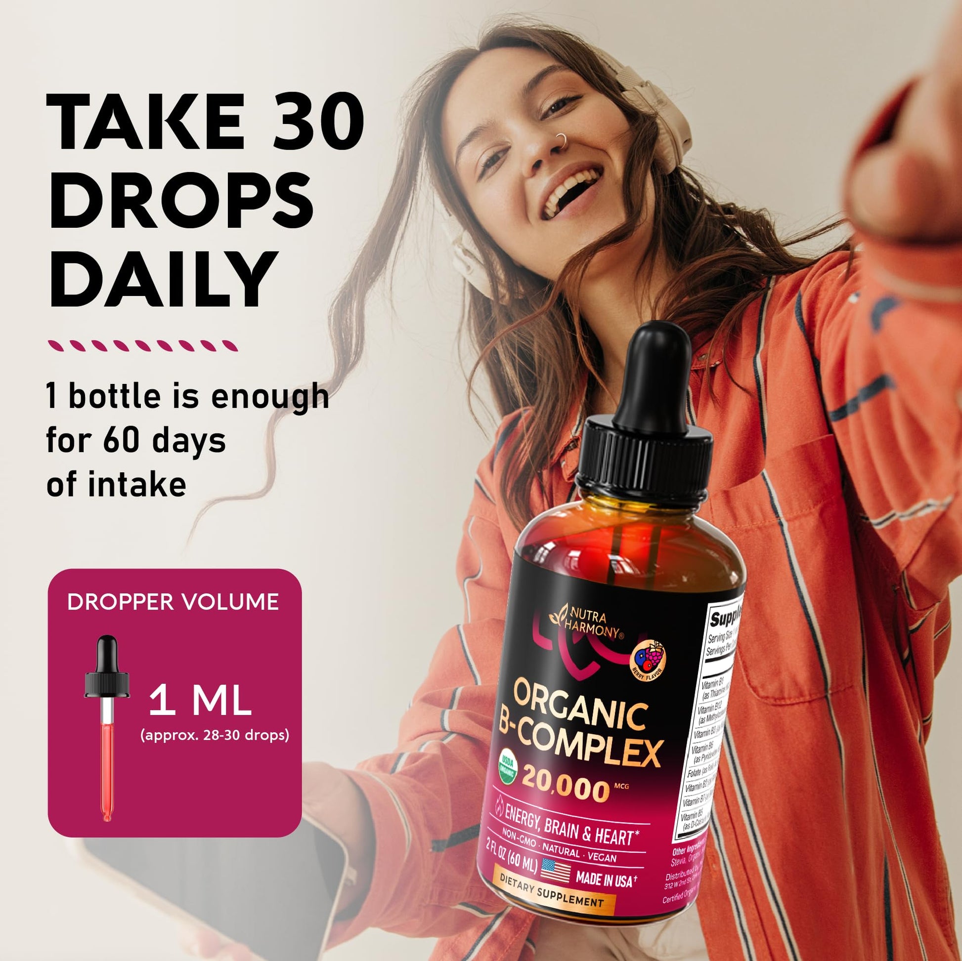 USDA Organic Vitamin B Complex Liquid Drops - 8-in-1 B Complex Vitamins: B1, B2, B3, B5 NUTRAHARMONYBuy Supplements Australia