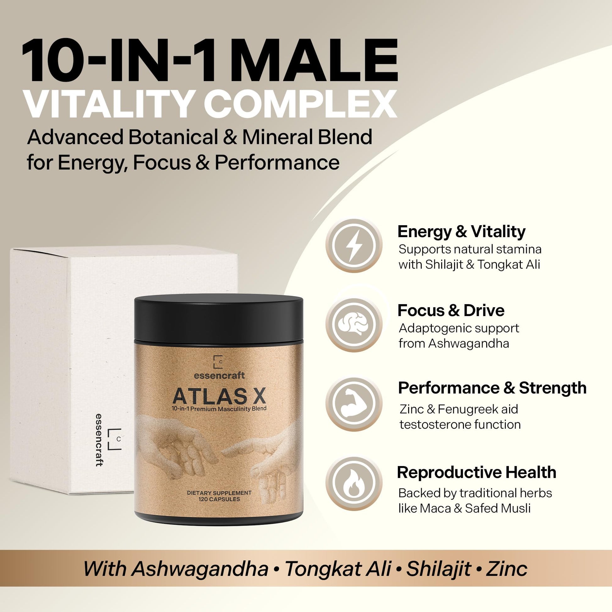 Essencraft Atlas X Testosterone Supplement for Men – 10-in-1 Natural Testosterone Booster & Muscle Booster w/Shilajit, Zinc, Tongkat Ali, & More (120 Capsules) EssencraftBuy Supplements Australia