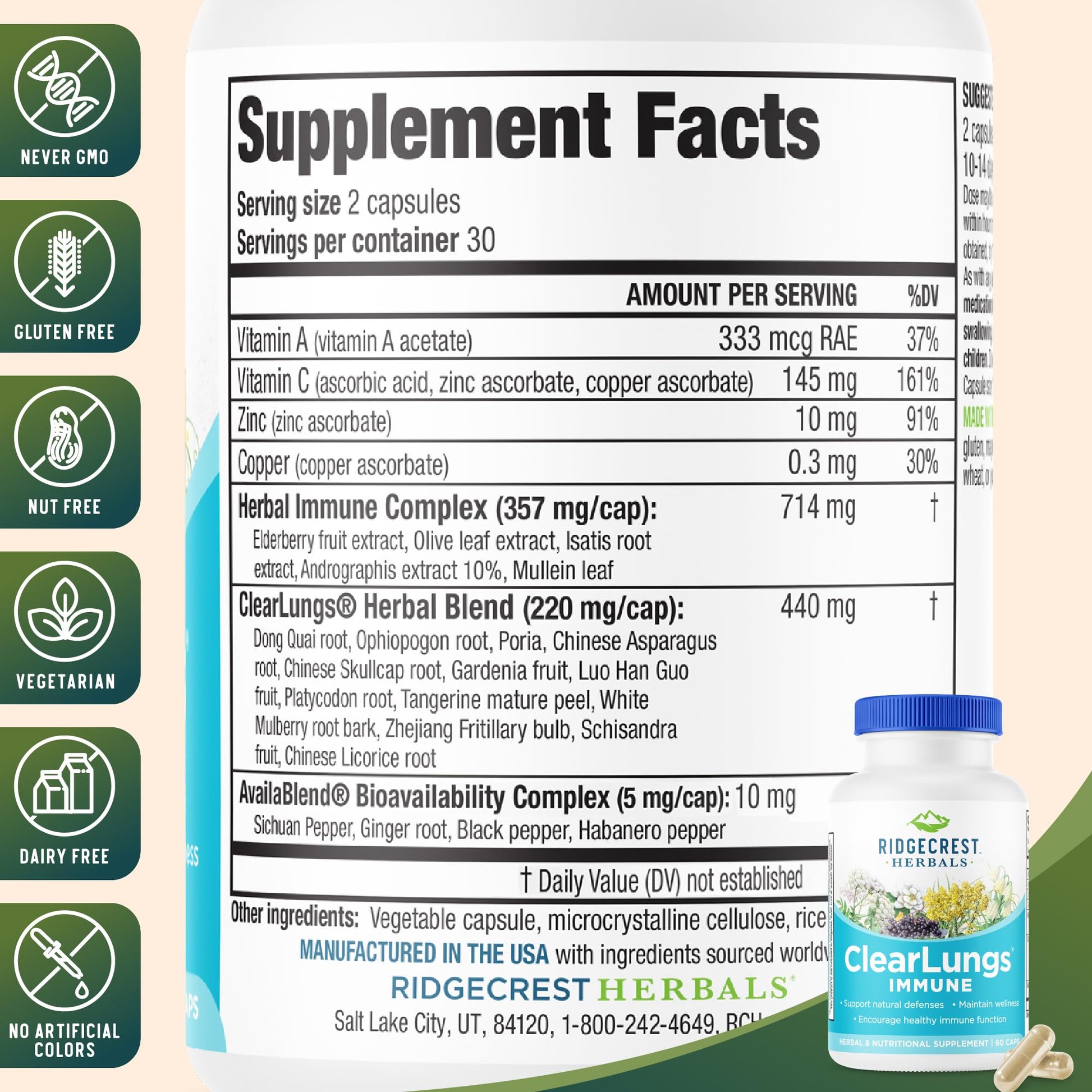 RidgeCrest Herbals ClearLungs Immune, Lung Support Supplement with Elderberry, Zinc, Vitamin C, Vitamin A, Olive Leaf, Mullein, Lung Wellness Formula for Respiratory Health (60 Vegan Caps, 30 Serv) RidgeCrest HerbalsBuy Supplements Australia