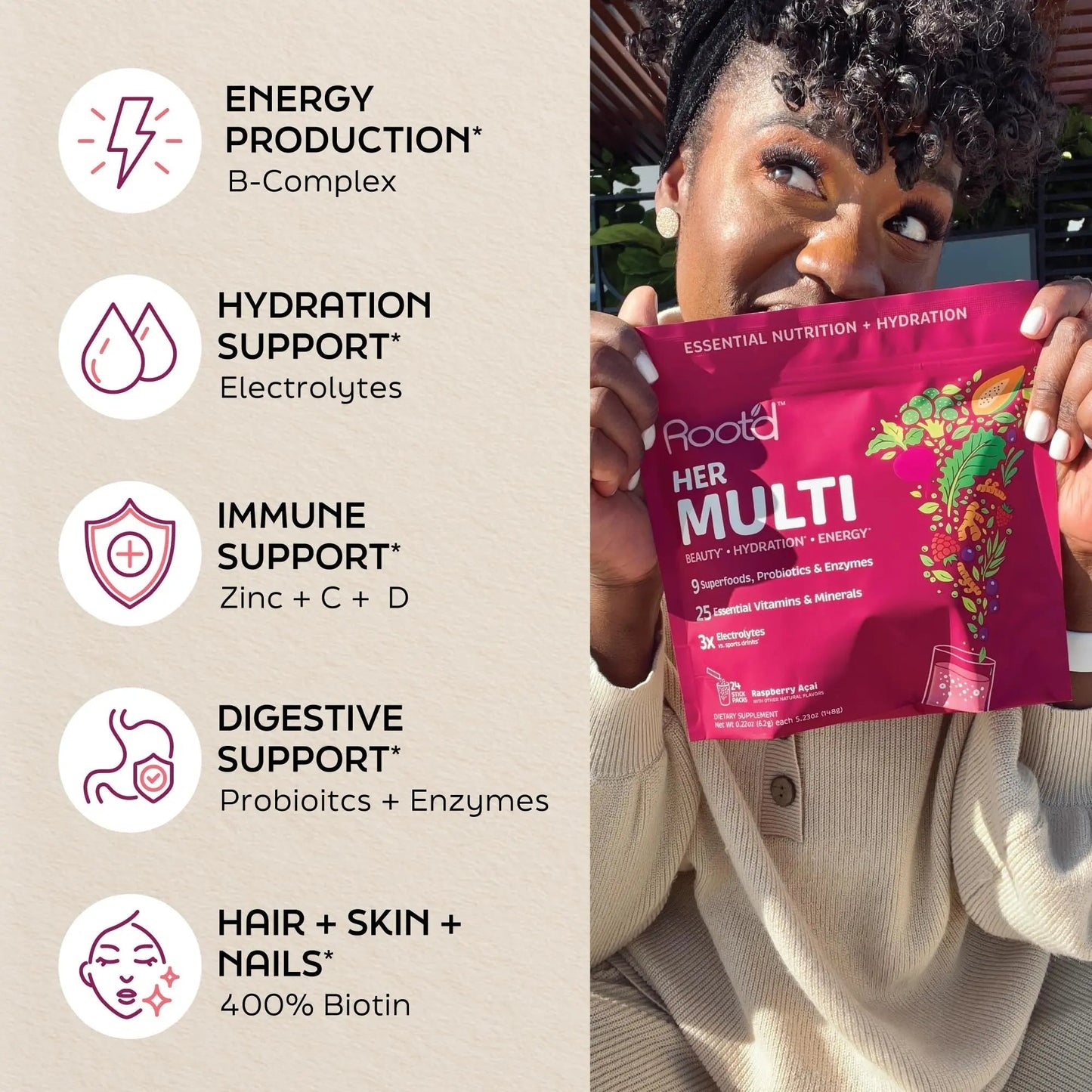 Root'd Multivitamin Powder for Women - 25 Vitamins & Minerals with 3X Electrolytes, 9 Organic Superfoods, Probiotics & Enzymes Root'd