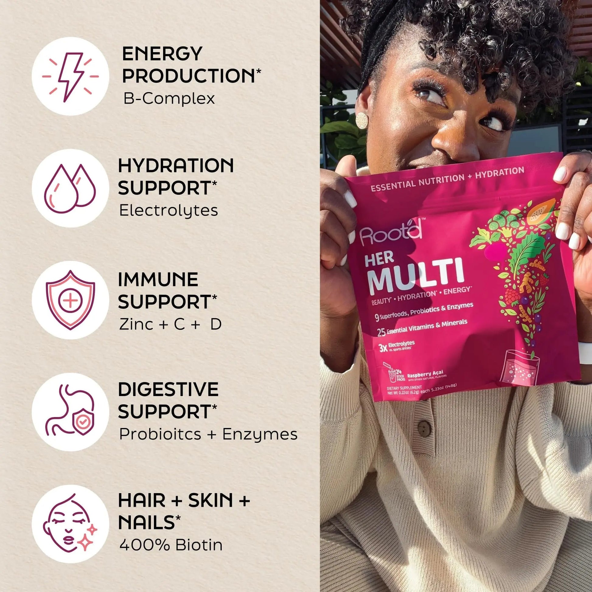 Root'd Multivitamin Powder for Women - 25 Vitamins & Minerals with 3X Electrolytes, 9 Organic Superfoods, Probiotics & Enzymes Root'd
